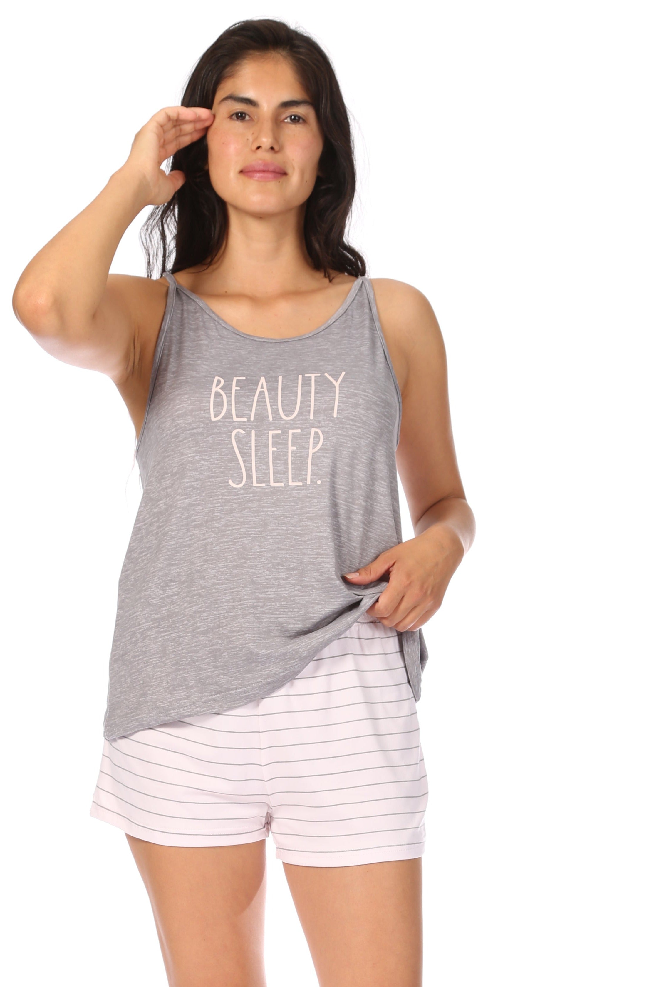 Women's "BEAUTY SLEEP" Strappy Cami and Elastic Waistband Shorts Pajama Set - Rae Dunn Wear