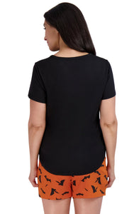 Women's "BOO" Short Sleeve Side Slit Top and Shorts Halloween Pajama Set - Rae Dunn Wear