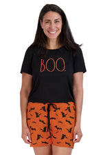 Load image into Gallery viewer, Women&#39;s &quot;BOO&quot; Short Sleeve Side Slit Top and Shorts Halloween Pajama Set - Rae Dunn Wear
