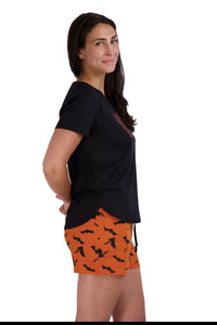 Women's "BOO" Short Sleeve Side Slit Top and Shorts Halloween Pajama Set - Rae Dunn Wear