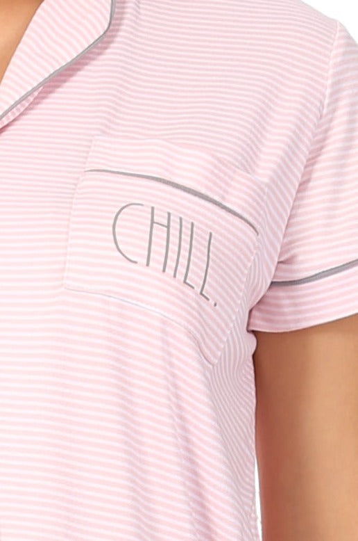 Women's "CHILL" Short Sleeve Notch Collar Button-Up Top and Elastic Waistband Shorts Pajama Set - Rae Dunn Wear