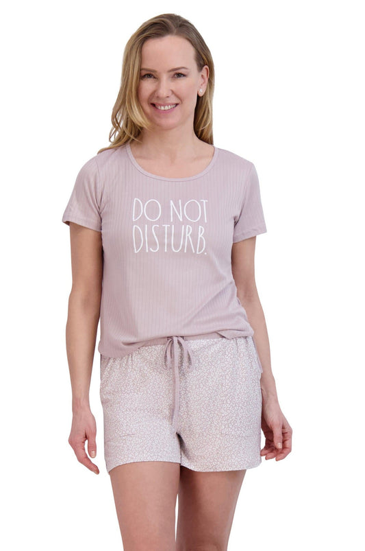 Women's "DO NOT DISTURB" Ribbed Short Sleeve Side Slit Top and Shorts Pajama Set - Rae Dunn Wear