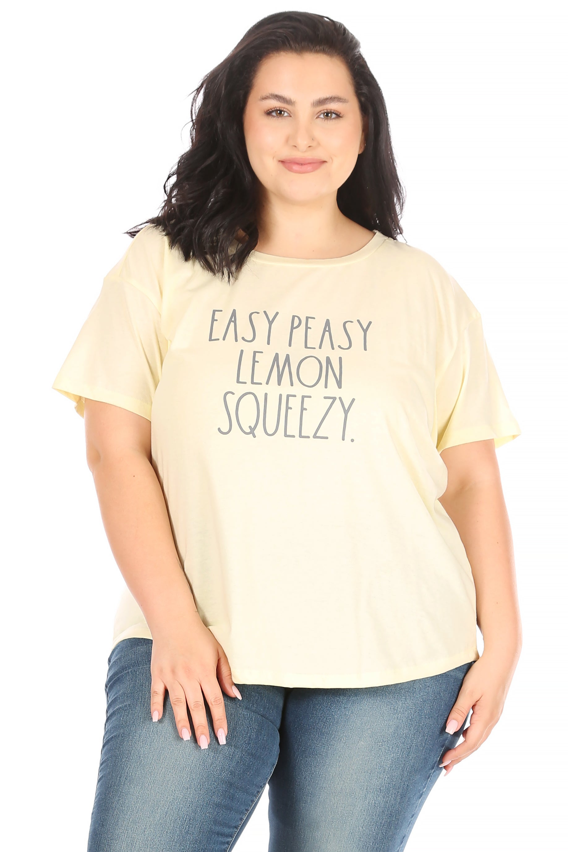 Women's Plus Size "EASY PEASY LEMON SQUEAZY" Short Sleeve Shirttail Hem T-Shirt - Rae Dunn Wear