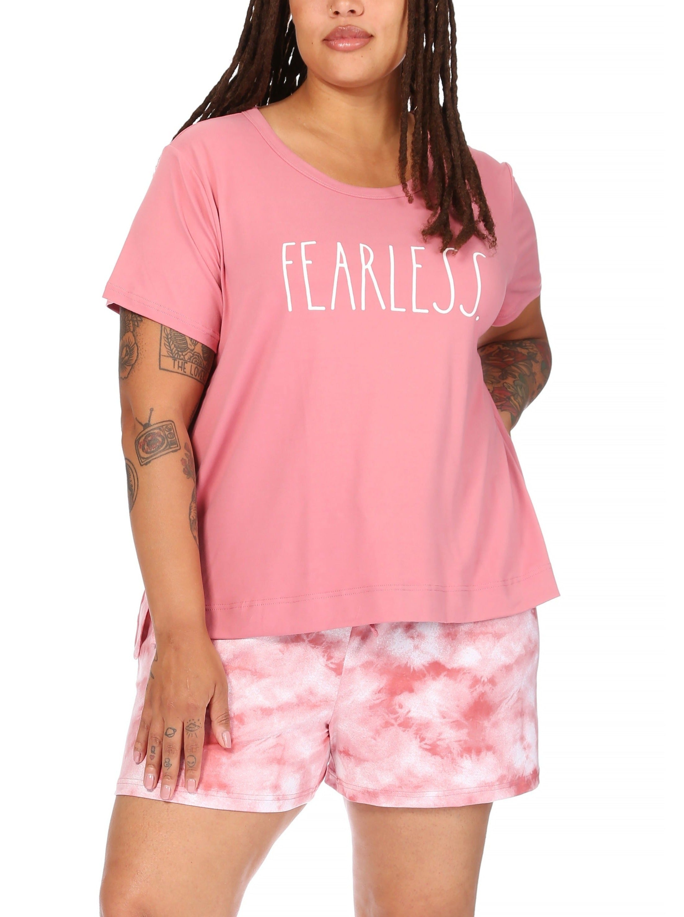 Women's Plus Size "FEARLESS" Short Sleeve Side Slit Top and Short Pajama Set - Rae Dunn Wear
