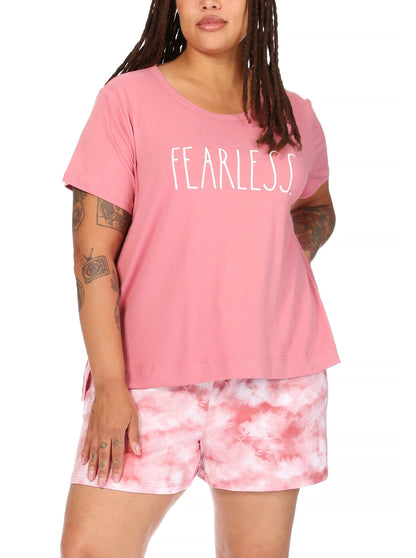 Women's Plus Size "FEARLESS" Short Sleeve Side Slit Top and Short Pajama Set - Rae Dunn Wear