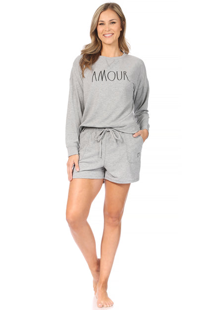 Women's "AMOUR" Sweatshirt and Drawstring Shorts Lounge Set - Rae Dunn Wear