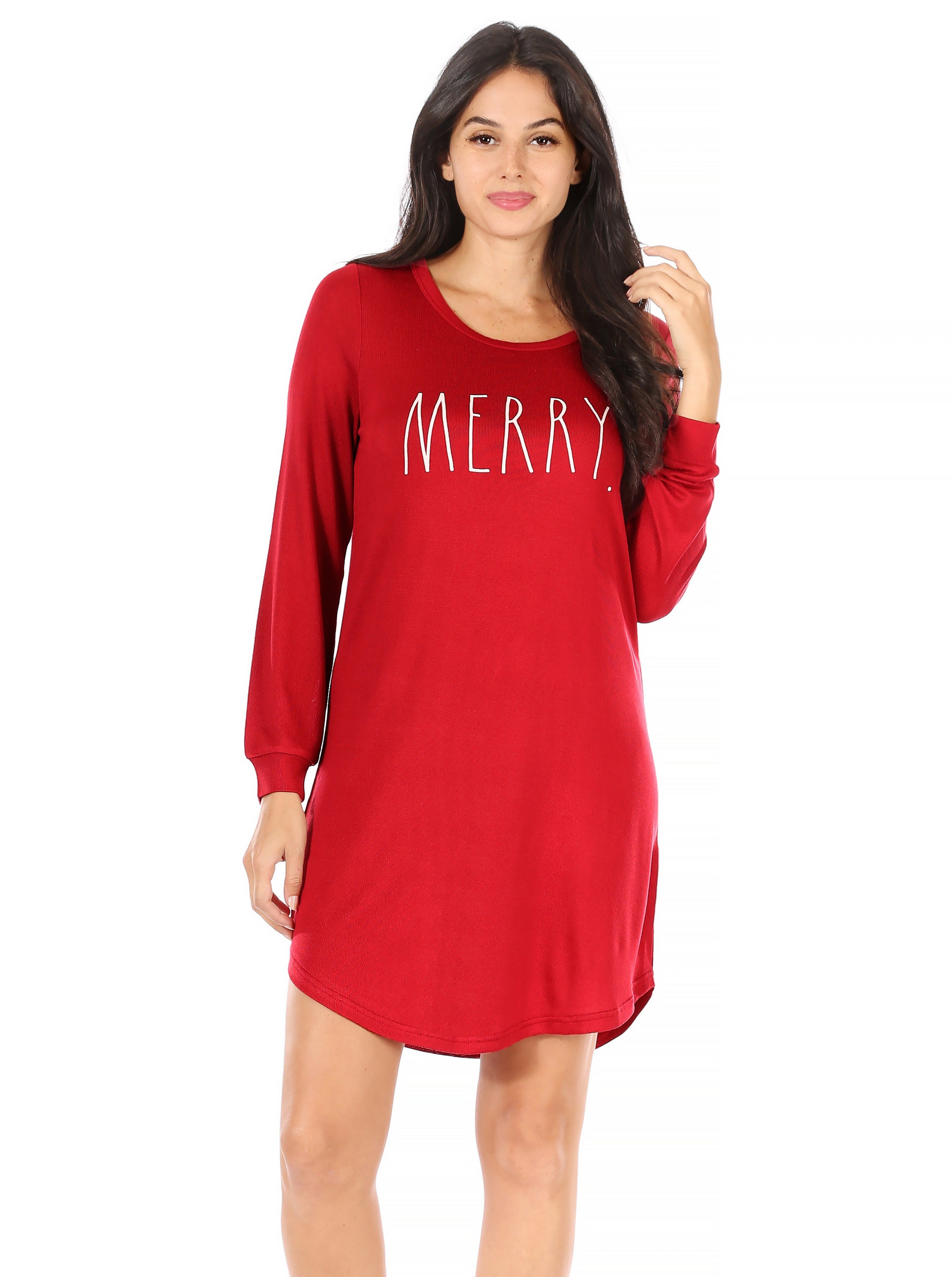 Women's "MERRY" Hacci Long Sleeve Holiday Nightshirt - Rae Dunn Wear